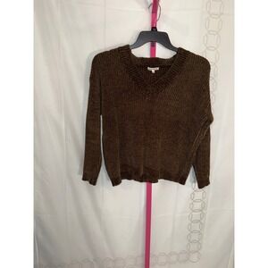Rag Poets V Neck Chenille Knit Sweater Brown Size S Cozy Texture Casual Pullover